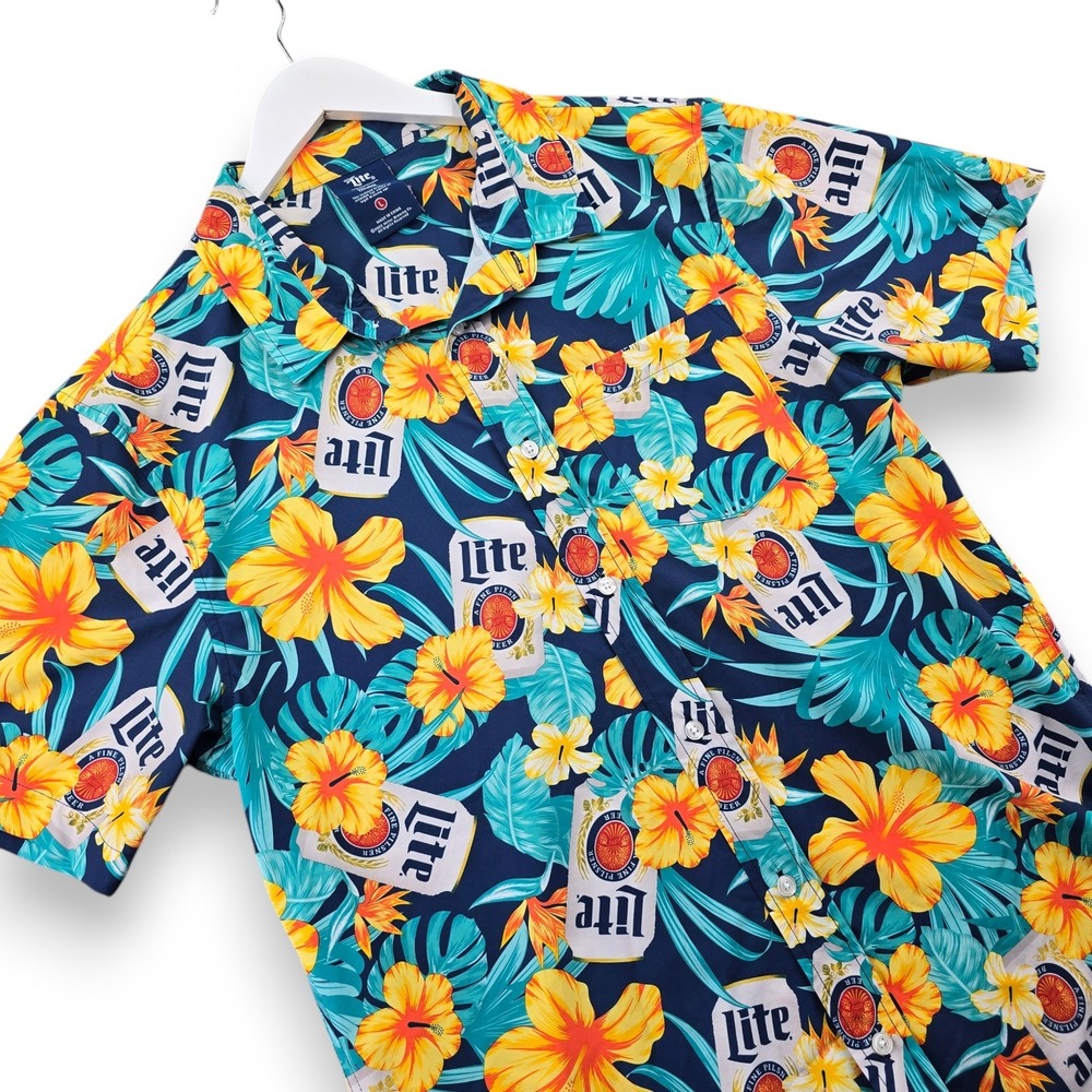 Miller Lite x Valor Collective Mens Large Blue Floral Tropical Beer Button Shirt